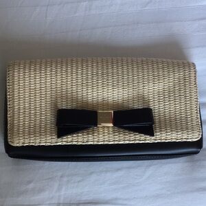 Kate Spade Montford Park Cream/Beige and Black Leather and Straw Keira Clutch